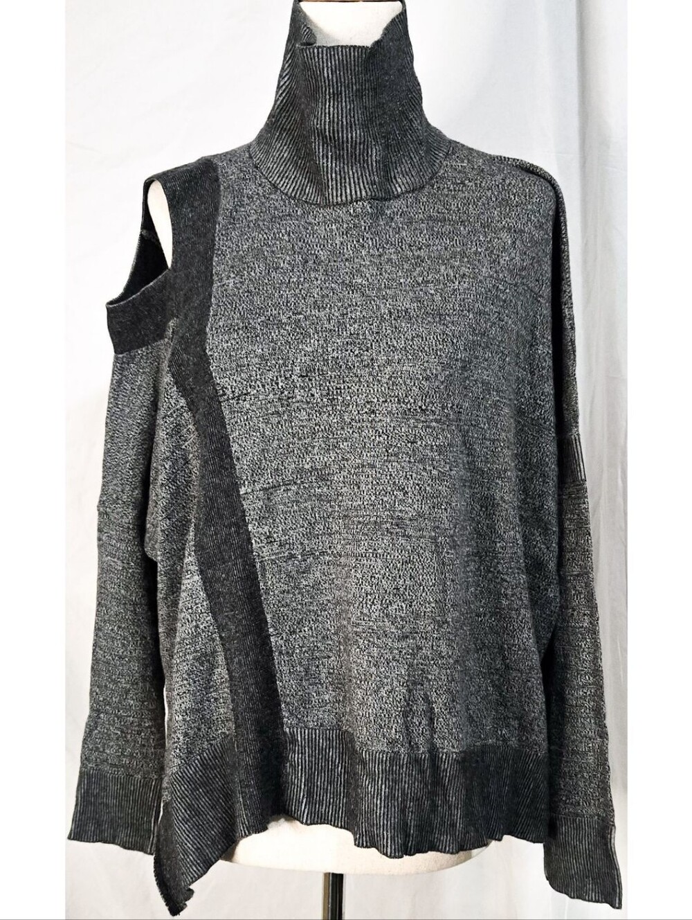 All Saints Gray Mock Neck Knit Sweater Shoulder Cutout Goth Cotton Oversized